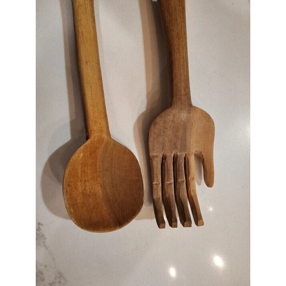 Teak Wood African Carved Fork and Spoon Salad Set Lightweight